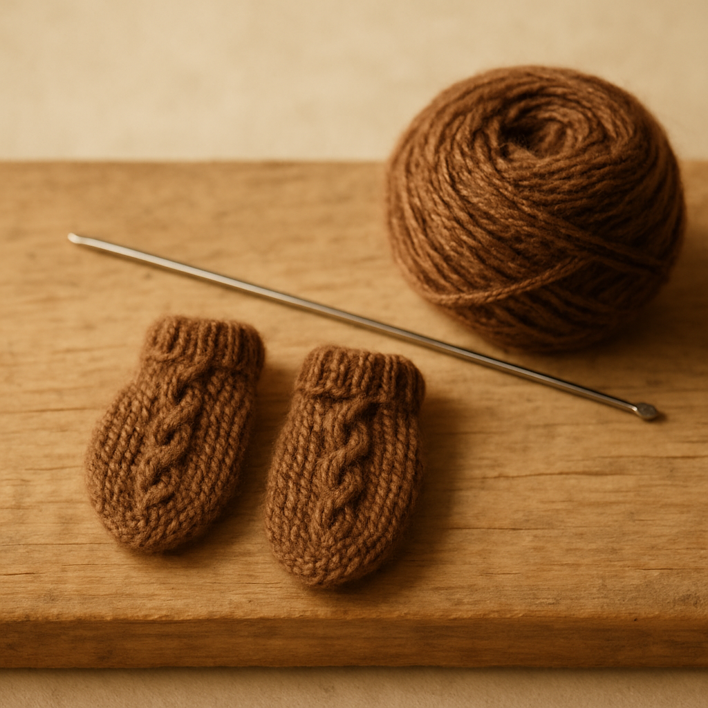A pair of small walnut-brown wool mittens with a single twisted cable running up the back of each paw, beside a steel knitting needle and a ball of brown wool.
