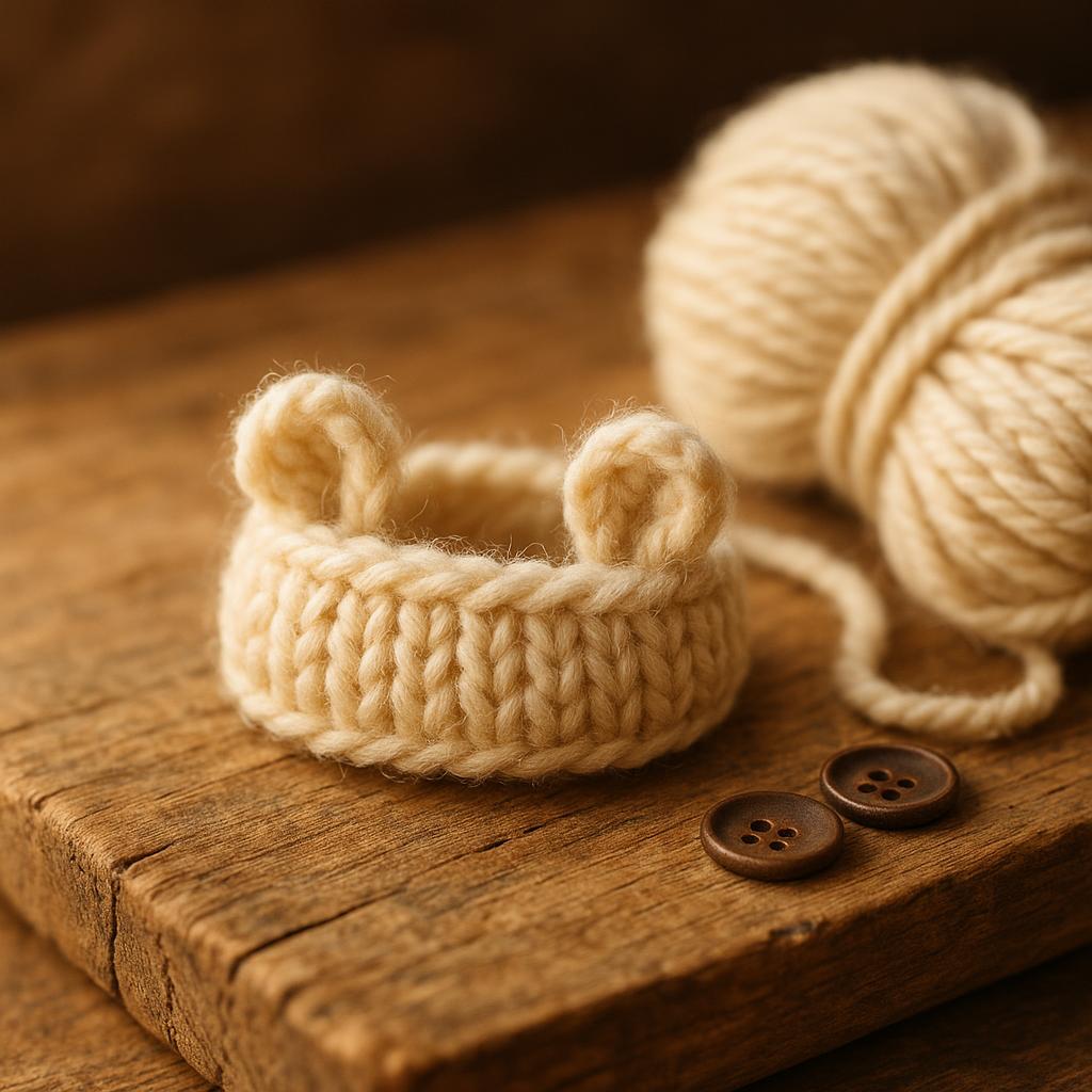 A tiny hand-knit hamster ear warmer band in cream oatmeal wool, resting on a weathered pine plank beside matching wool and two old buttons.