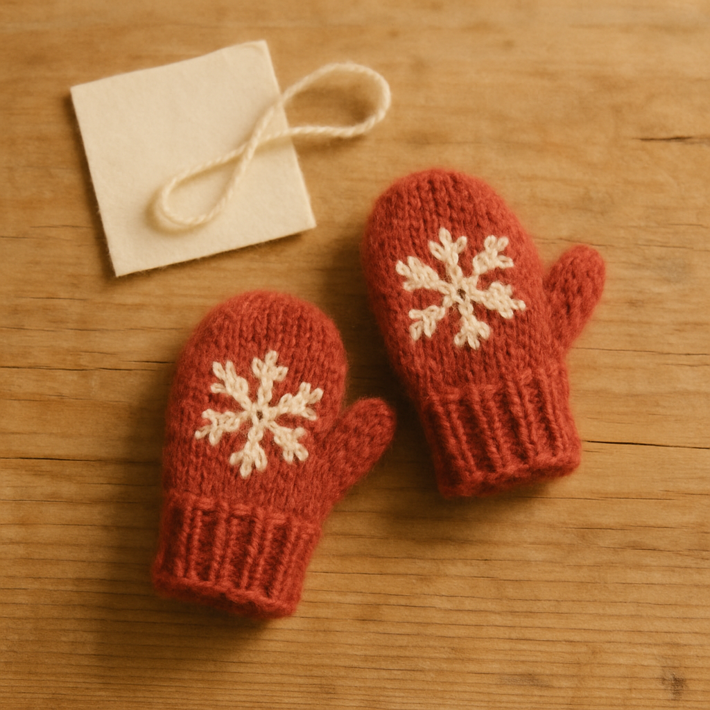 A pair of small rosehip-red wool mittens with a single cream snowflake motif knit at the back of each paw, on a weathered pine plank.
