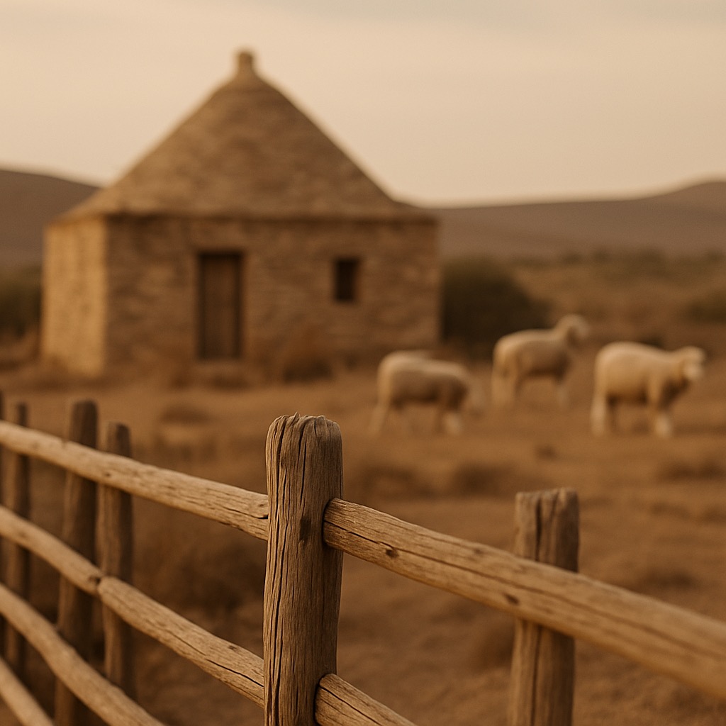 A small Karoo farm at the end of the afternoon, a corbelled-stone farmhouse beyond a weathered pine fence, merino sheep grazing in the middle distance under a pale sky.