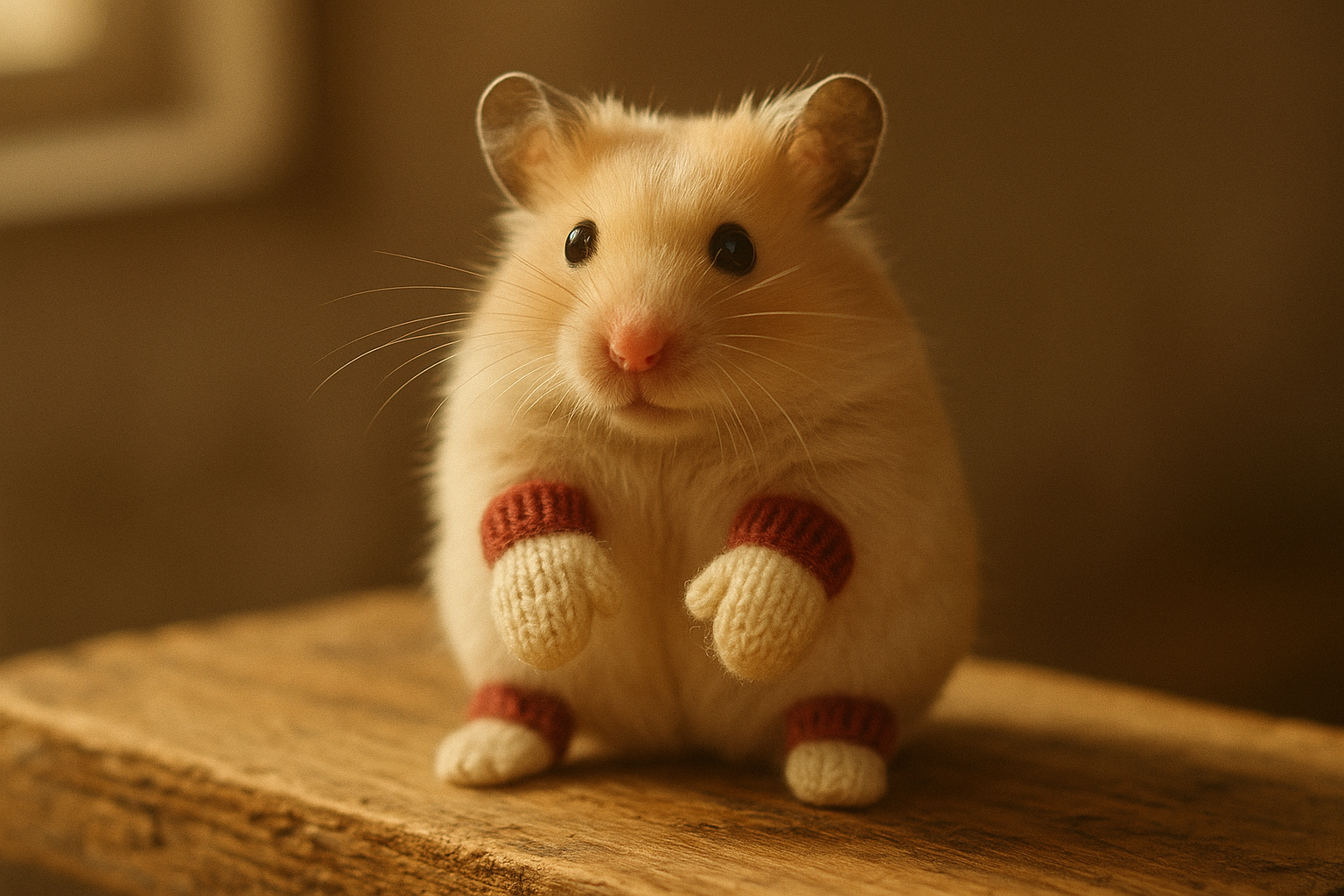 A small cream Syrian hamster sitting upright on a wooden surface, calm and dignified, wearing four tiny hand-knit wool mittens with soft beetroot-red cuffs.