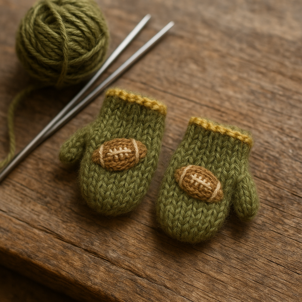 A pair of small moss-green wool mittens, each with a tiny knit rugby ball in oat and walnut across the back of the paw and a restrained gold cuff edge, on a weathered pine plank beside a ball of moss-green yarn and two steel knitting needles.