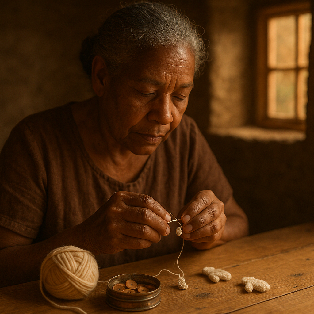 Mara Venter, silver hair tied back, leaning in at a long pine table in soft Karoo light, knitting a thumbnail-sized mitten on two slender wooden toothpicks, a ball of cream wool and a button tin beside her.