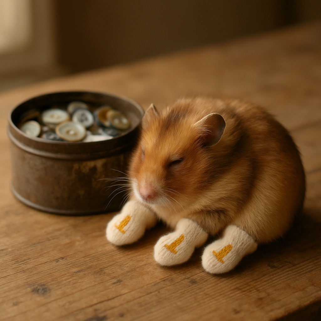 An older Syrian hamster curled beside an old button tin on a weathered pine table, wearing four tiny cream wool mittens with candle-gold motifs from The Carol.
