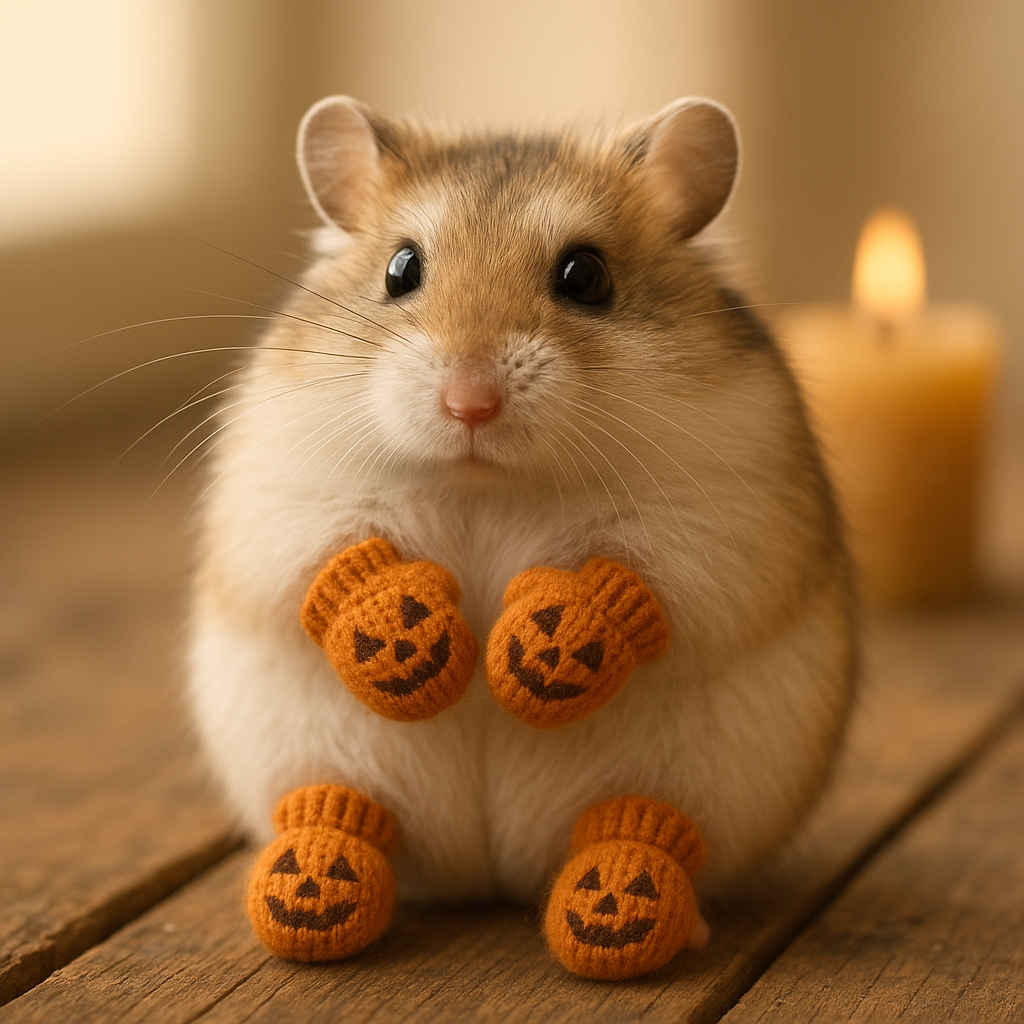 A small roborovski hamster sitting upright on weathered pine, front paws raised, wearing four tiny pumpkin-orange wool mittens, each with a small walnut-brown carved-lantern face across the back of the paw: The Lantern.