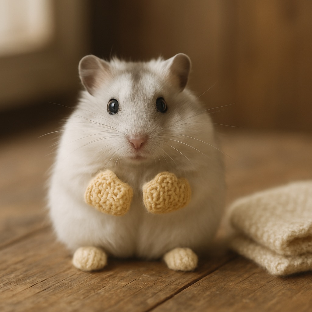 A winter white dwarf hamster with paws raised near its chest, wearing four tiny honeycomb stitch mittens in soft cream and pale chamomile wool.