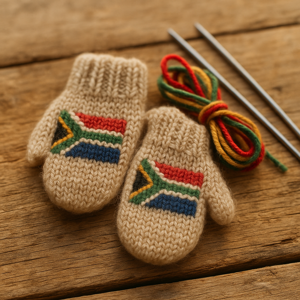 A pair of small oatmeal-cream wool mittens, each with a tiny South African flag knit across the back of the paw in red, royal blue, green, gold, black and cream, on a weathered pine plank beside a coil of red, green and gold yarn and two steel knitting needles.